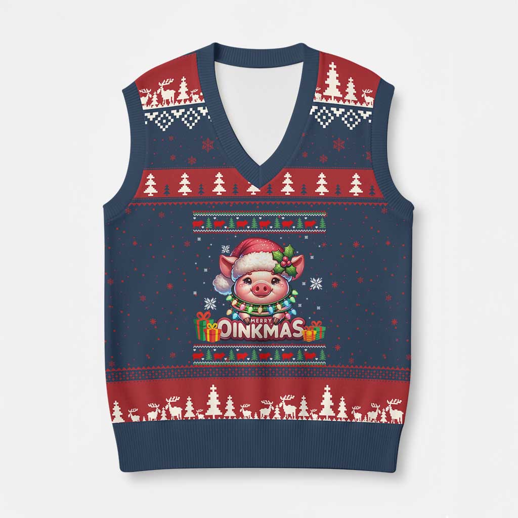 Funny Merry Oinkmas V-Neck Knit Sweater Vest Pig Lover Ugly Xmas Gift - Wonder Print Shop