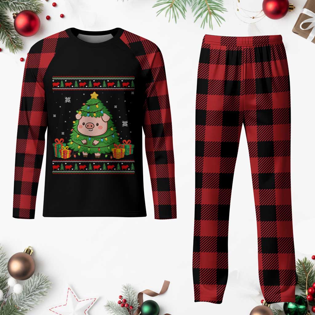 Funny Pig Christmas Tree Ugly Sweater Plaid Pajama Set Farm Animal Gift - Wonder Print Shop