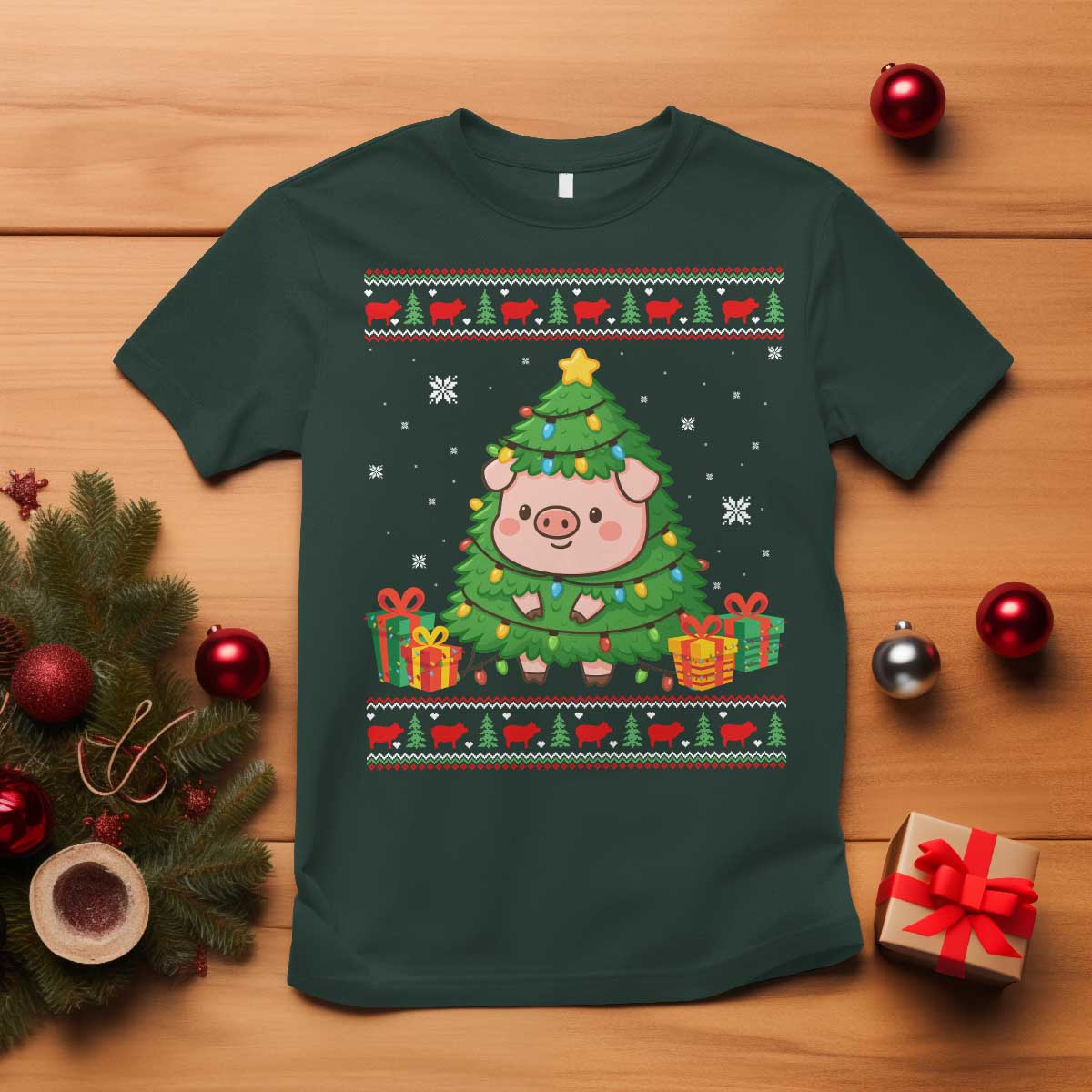 Funny Pig Christmas Tree Ugly Sweater T Shirt Farm Animal Gift - Wonder Print Shop