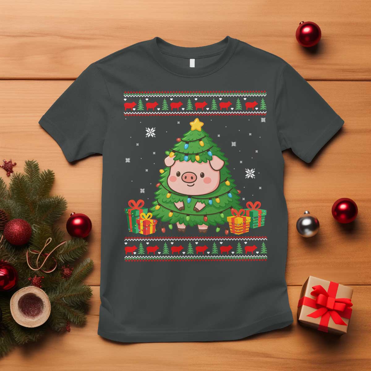 Funny Pig Christmas Tree Ugly Sweater T Shirt Farm Animal Gift - Wonder Print Shop