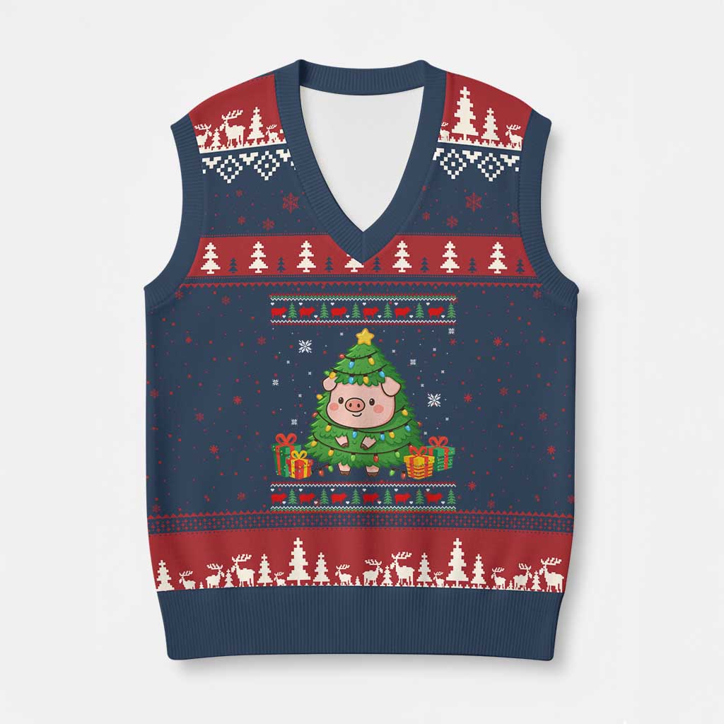 Funny Pig Xmas Tree Ugly Sweater V-Neck Knit Sweater Vest Farm Animal Gift - Wonder Print Shop
