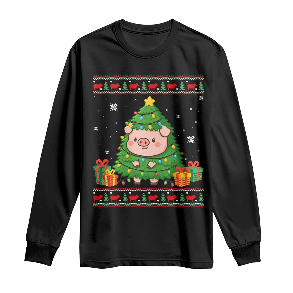 Funny Pig Christmas Tree Ugly Sweater Long Sleeve Shirt Farm Animal Gift - Wonder Print Shop