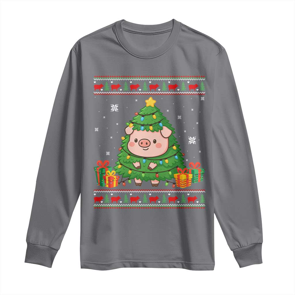 Funny Pig Christmas Tree Ugly Sweater Long Sleeve Shirt Farm Animal Gift - Wonder Print Shop