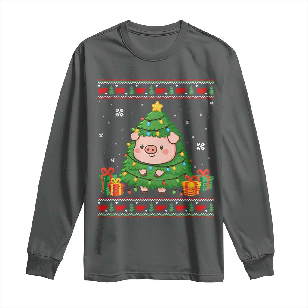 Funny Pig Christmas Tree Ugly Sweater Long Sleeve Shirt Farm Animal Gift - Wonder Print Shop