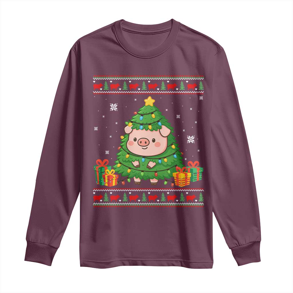 Funny Pig Christmas Tree Ugly Sweater Long Sleeve Shirt Farm Animal Gift - Wonder Print Shop