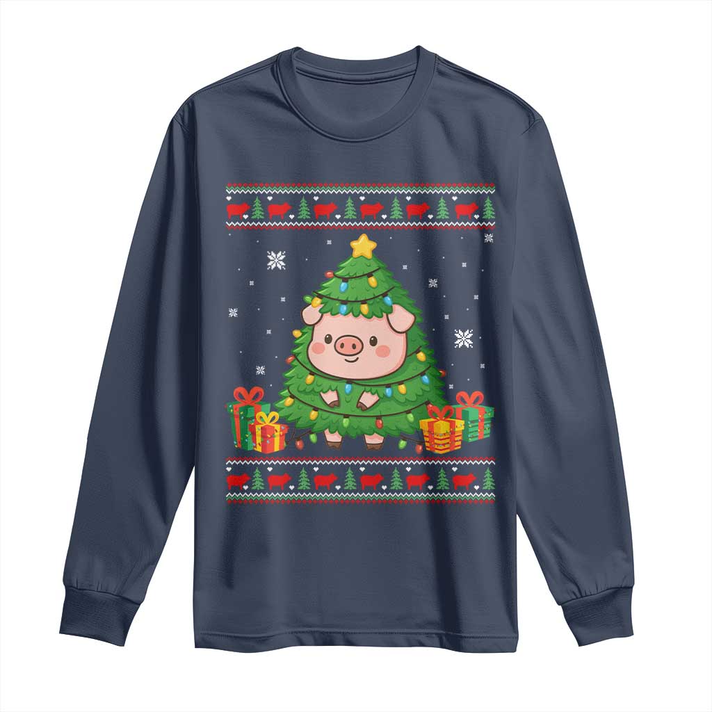 Funny Pig Christmas Tree Ugly Sweater Long Sleeve Shirt Farm Animal Gift - Wonder Print Shop