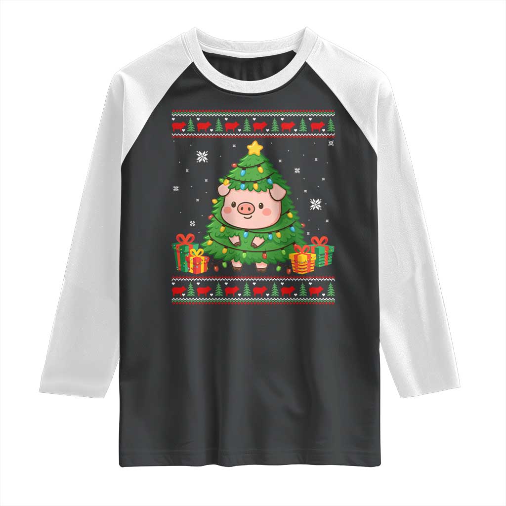 Funny Pig Christmas Tree Ugly Sweater Raglan Shirt Farm Animal Gift - Wonder Print Shop