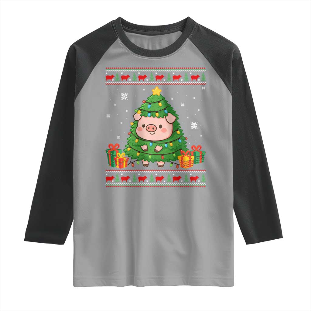 Funny Pig Christmas Tree Ugly Sweater Raglan Shirt Farm Animal Gift - Wonder Print Shop