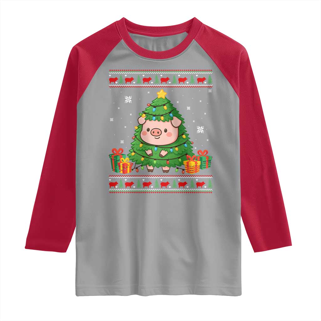 Funny Pig Christmas Tree Ugly Sweater Raglan Shirt Farm Animal Gift - Wonder Print Shop