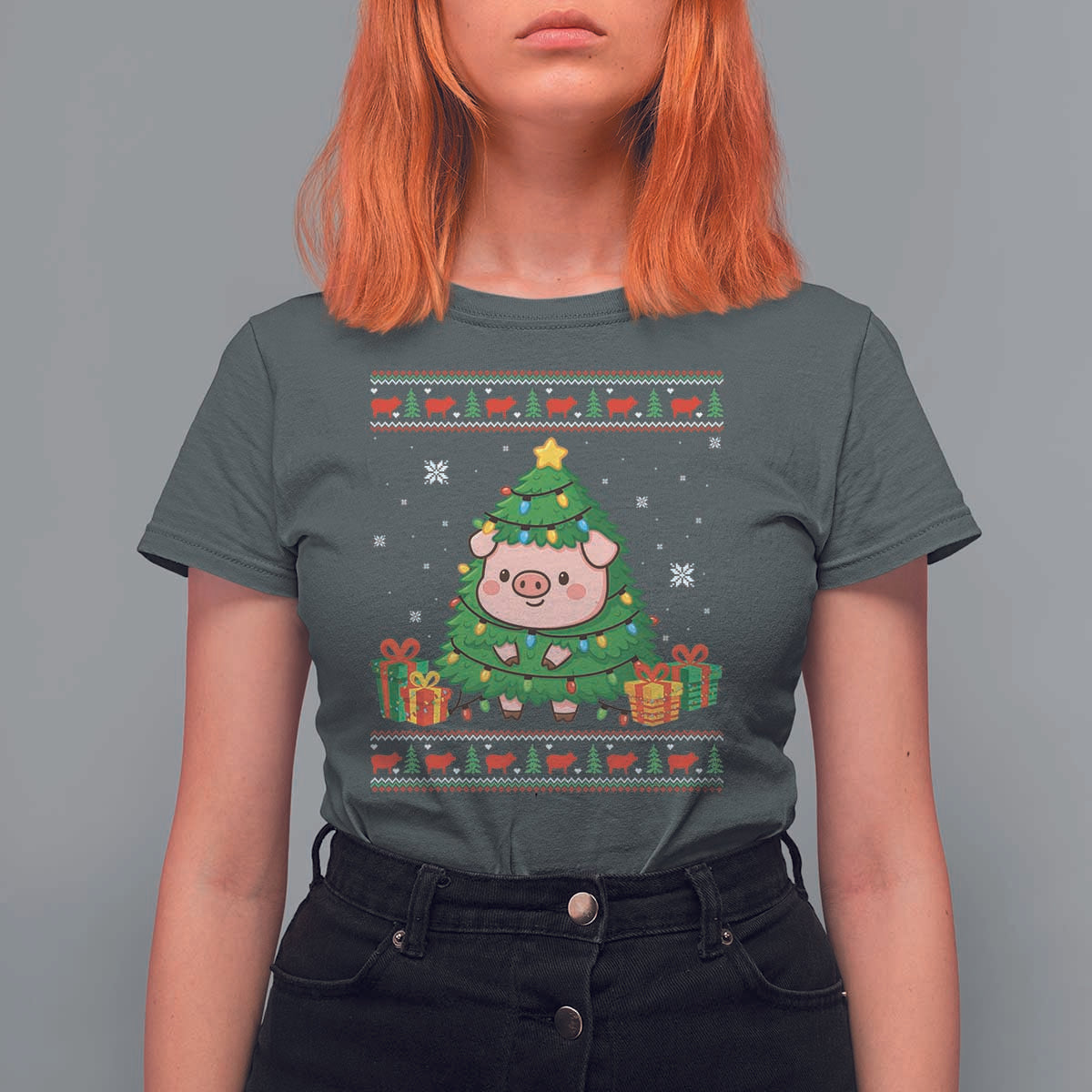 Funny Pig Christmas Tree Ugly Sweater T Shirt For Women Farm Animal Gift - Wonder Print Shop