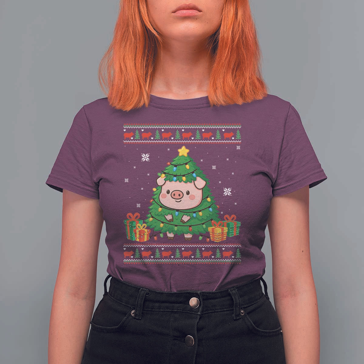 Funny Pig Christmas Tree Ugly Sweater T Shirt For Women Farm Animal Gift - Wonder Print Shop