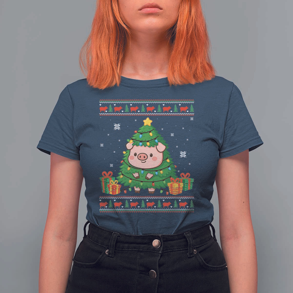 Funny Pig Christmas Tree Ugly Sweater T Shirt For Women Farm Animal Gift - Wonder Print Shop