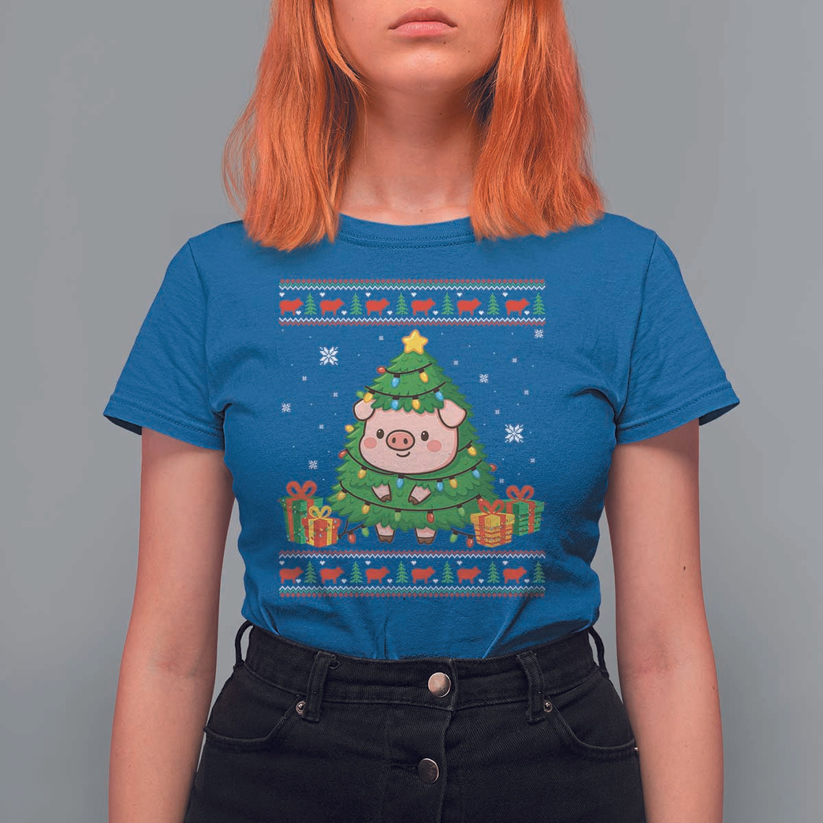 Funny Pig Christmas Tree Ugly Sweater T Shirt For Women Farm Animal Gift - Wonder Print Shop
