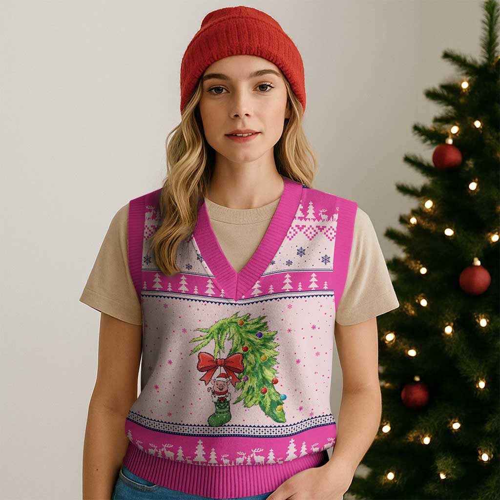 Funny Xmas Pig In Green Hand Naughty V-Neck Knit Sweater Vest Pet Lover Gift - Wonder Print Shop