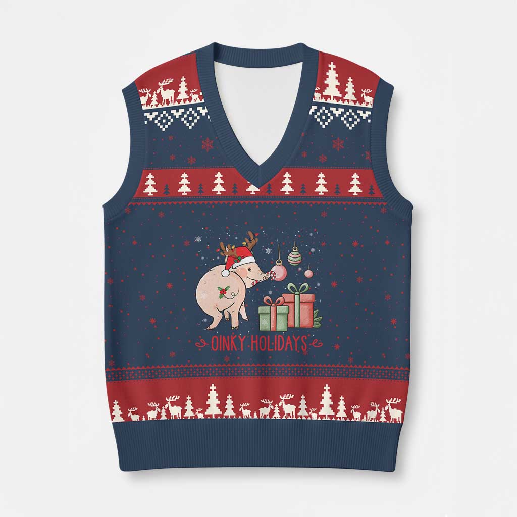 Oinky Holidays V-Neck Knit Sweater Vest Funny Xmas Pig Lover Gift - Wonder Print Shop