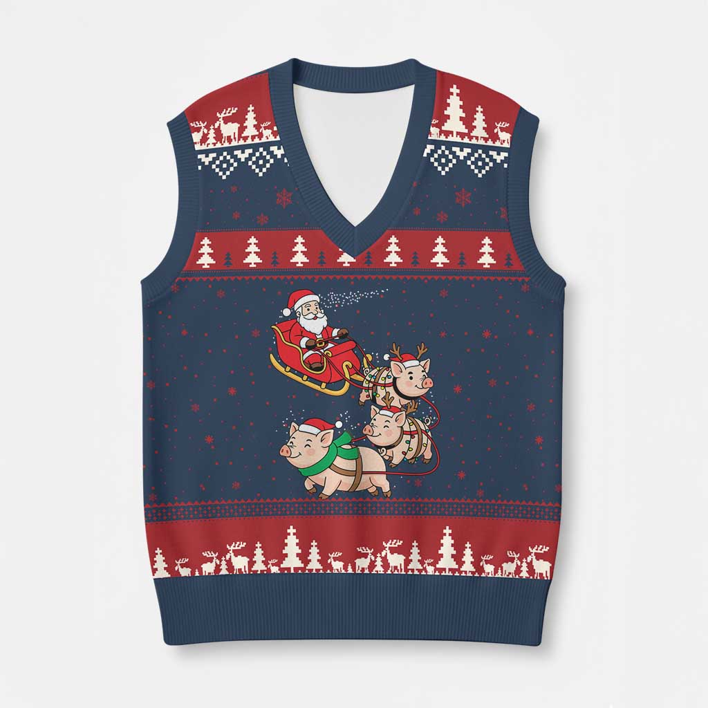 Santa Pig Sleigh Crew V-Neck Knit Sweater Vest Funny Xmas Pig Lover Gift - Wonder Print Shop