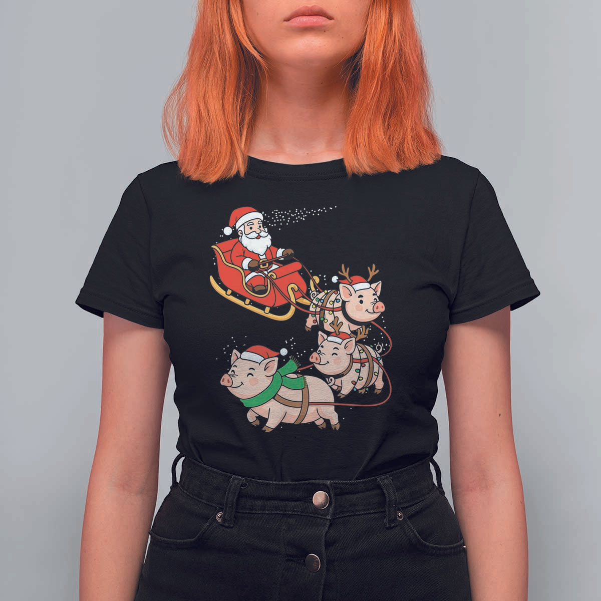 Santa Pig Sleigh Crew T Shirt For Women Funny Christmas Pig Lover Gift - Wonder Print Shop