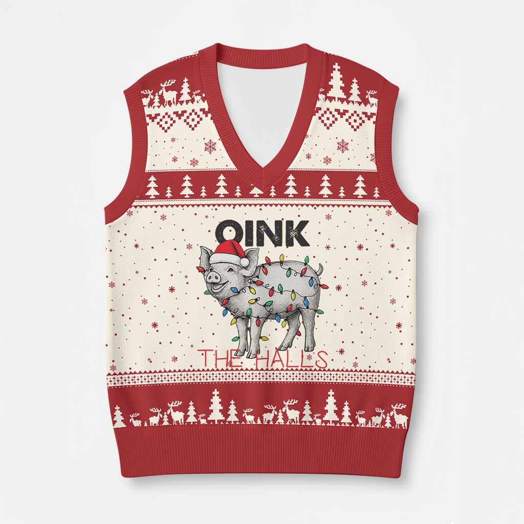 Oink The Halls V-Neck Knit Sweater Vest Funny Xmas Pig Lover Gift - Wonder Print Shop