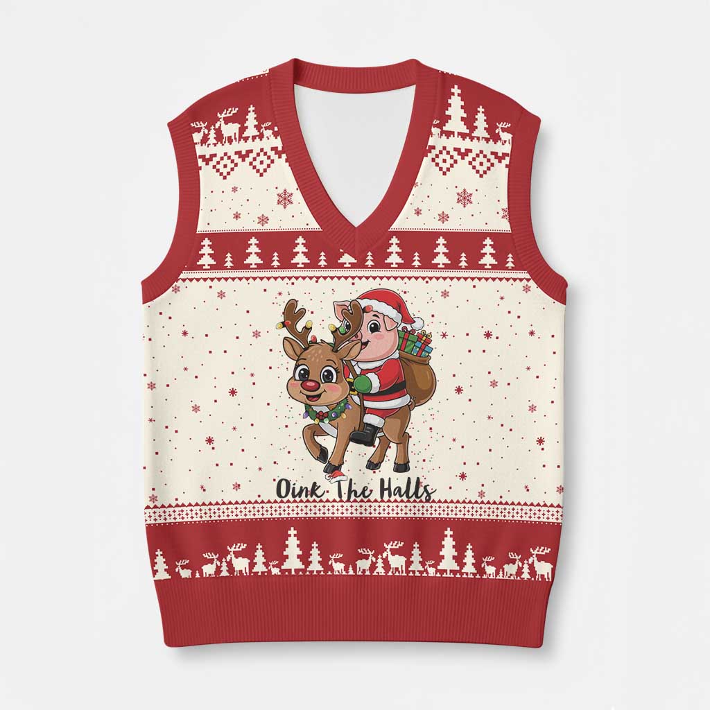 Oink The Halls V-Neck Knit Sweater Vest Pig Xmas Farm Life Gift - Wonder Print Shop