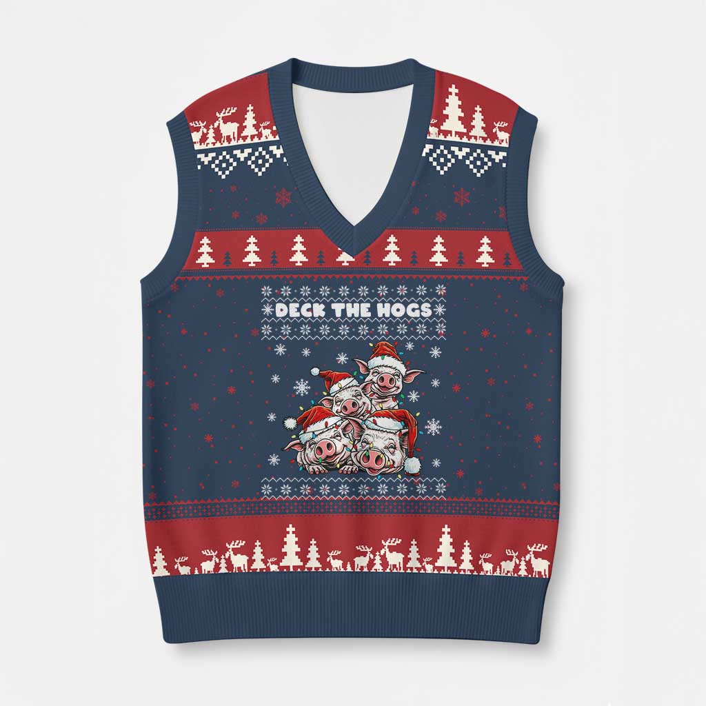 Deck The Hogs Ugly Xmas Sweater V-Neck Knit Sweater Vest Pig Lover Gift - Wonder Print Shop