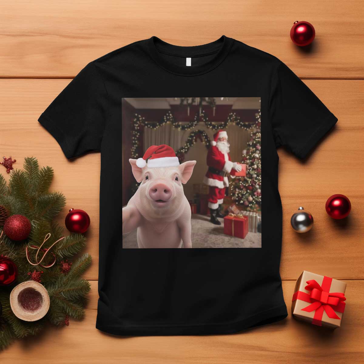 Funny Christmas Pig Selfie With Santa Gift T Shirt - Wonder Print Shop