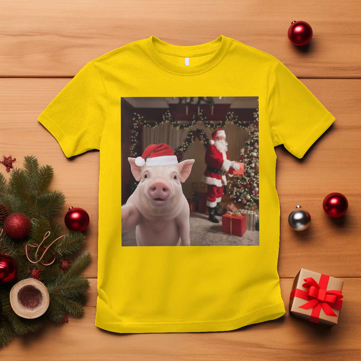 Funny Christmas Pig Selfie With Santa Gift T Shirt - Wonder Print Shop