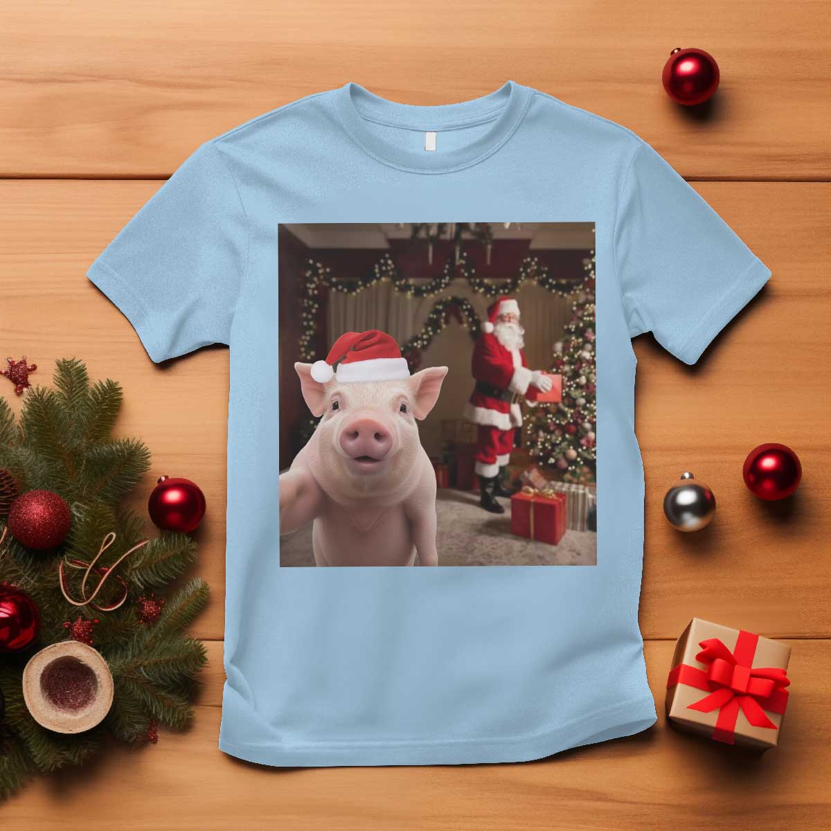 Funny Christmas Pig Selfie With Santa Gift T Shirt - Wonder Print Shop