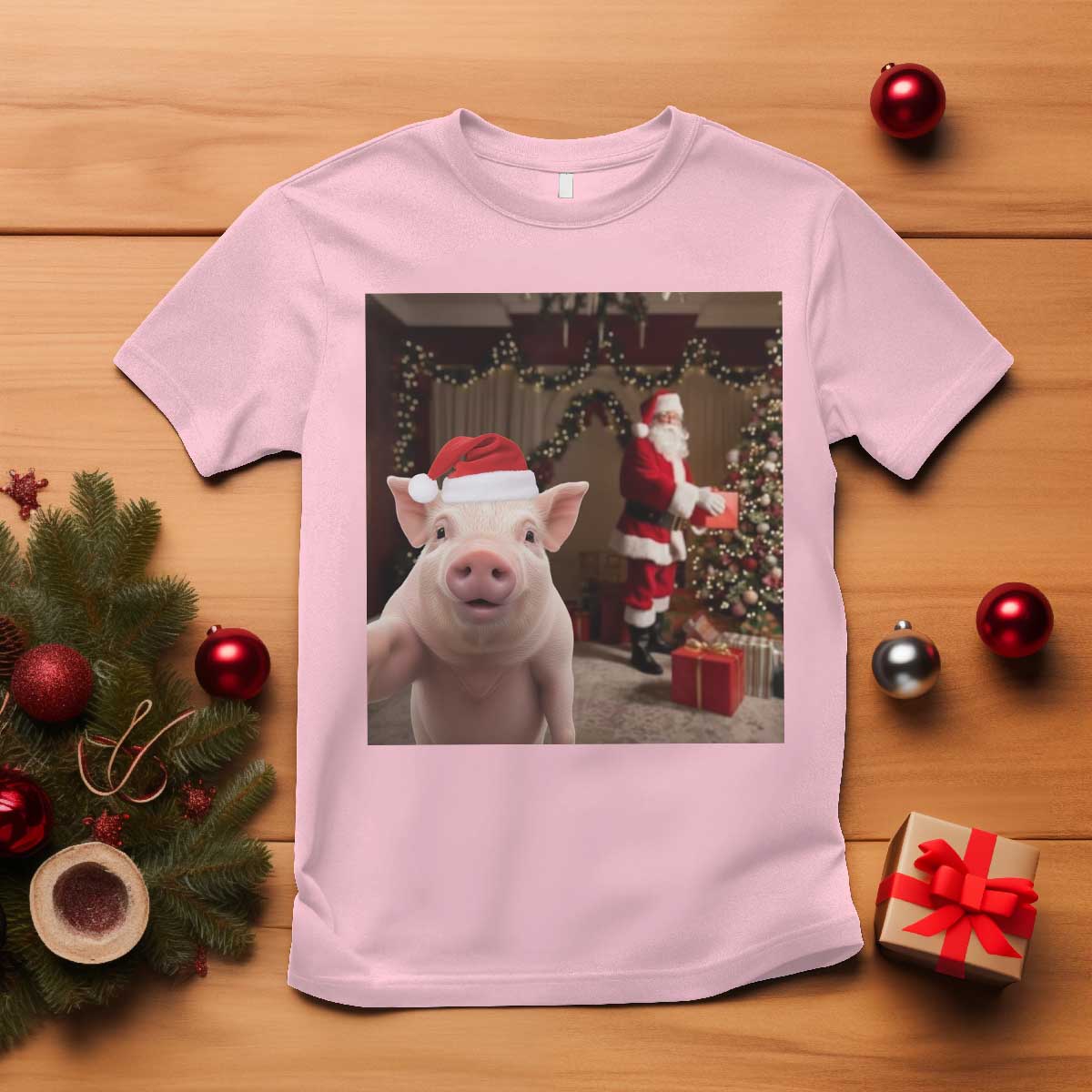 Funny Christmas Pig Selfie With Santa Gift T Shirt - Wonder Print Shop