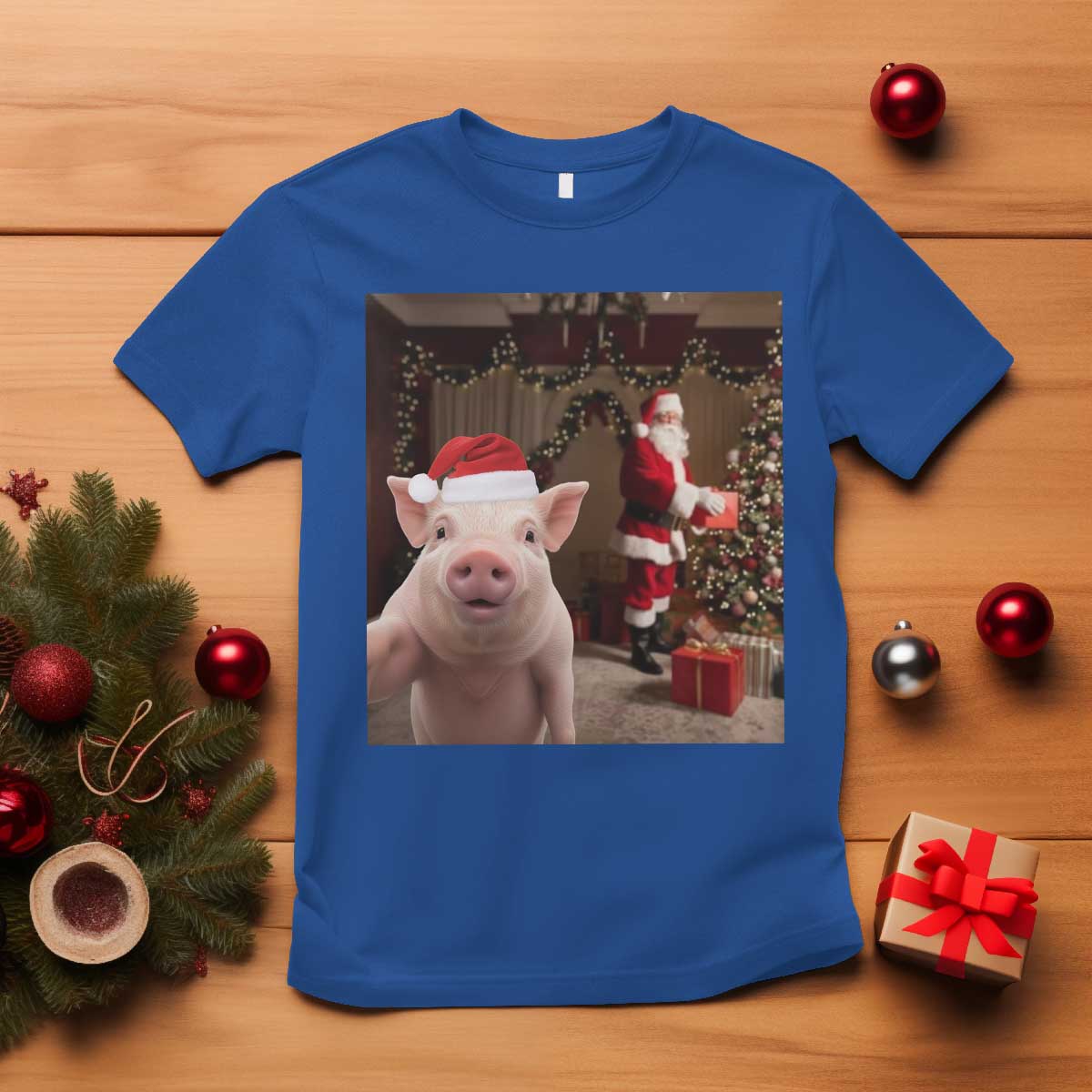 Funny Christmas Pig Selfie With Santa Gift T Shirt - Wonder Print Shop