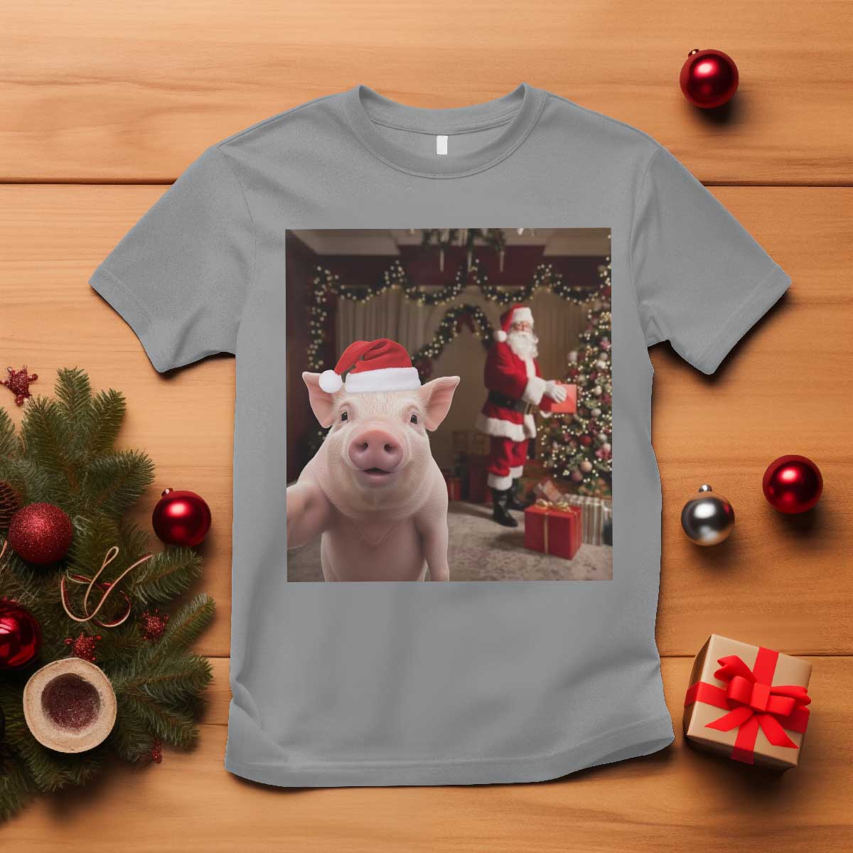 Funny Christmas Pig Selfie With Santa Gift T Shirt - Wonder Print Shop
