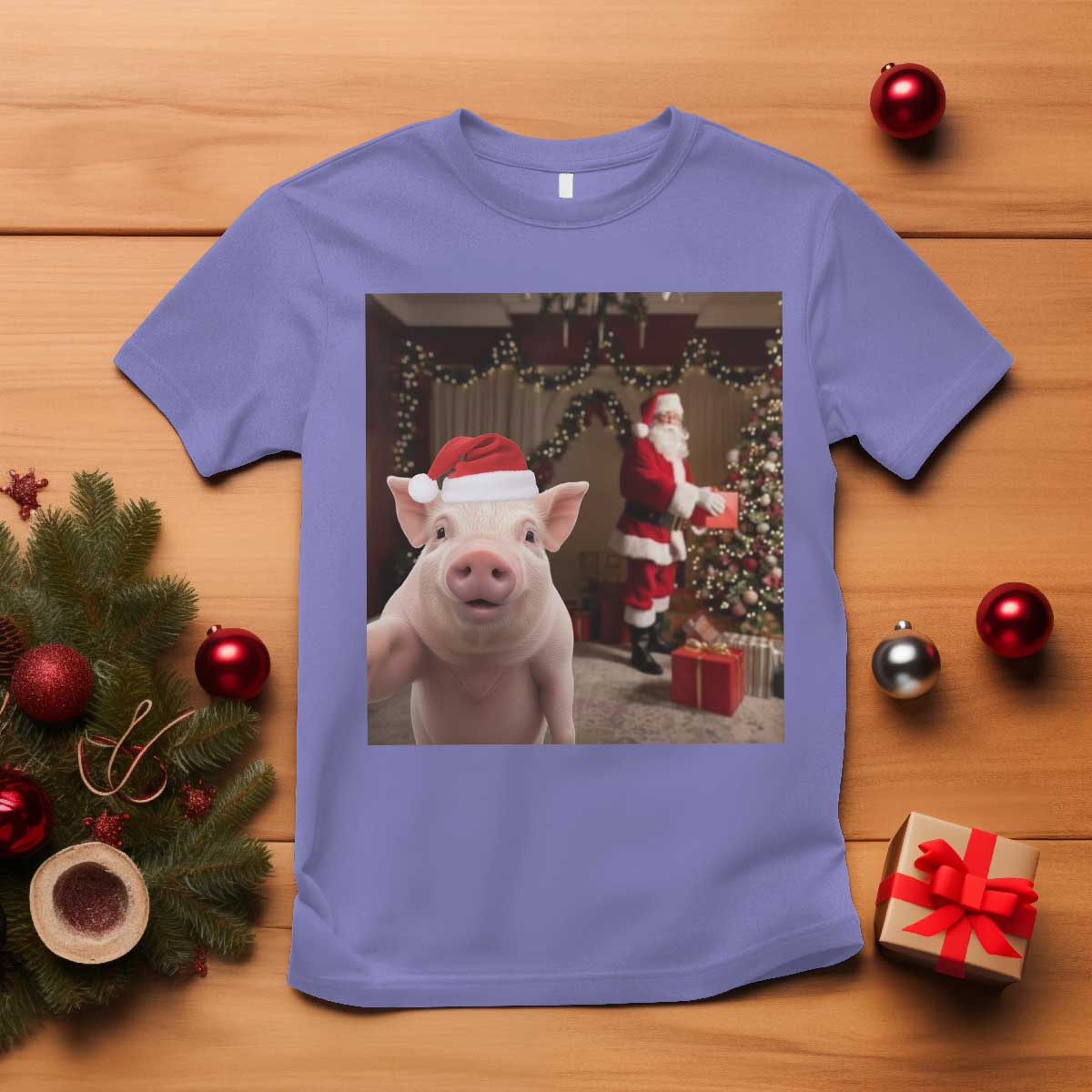 Funny Christmas Pig Selfie With Santa Gift T Shirt - Wonder Print Shop
