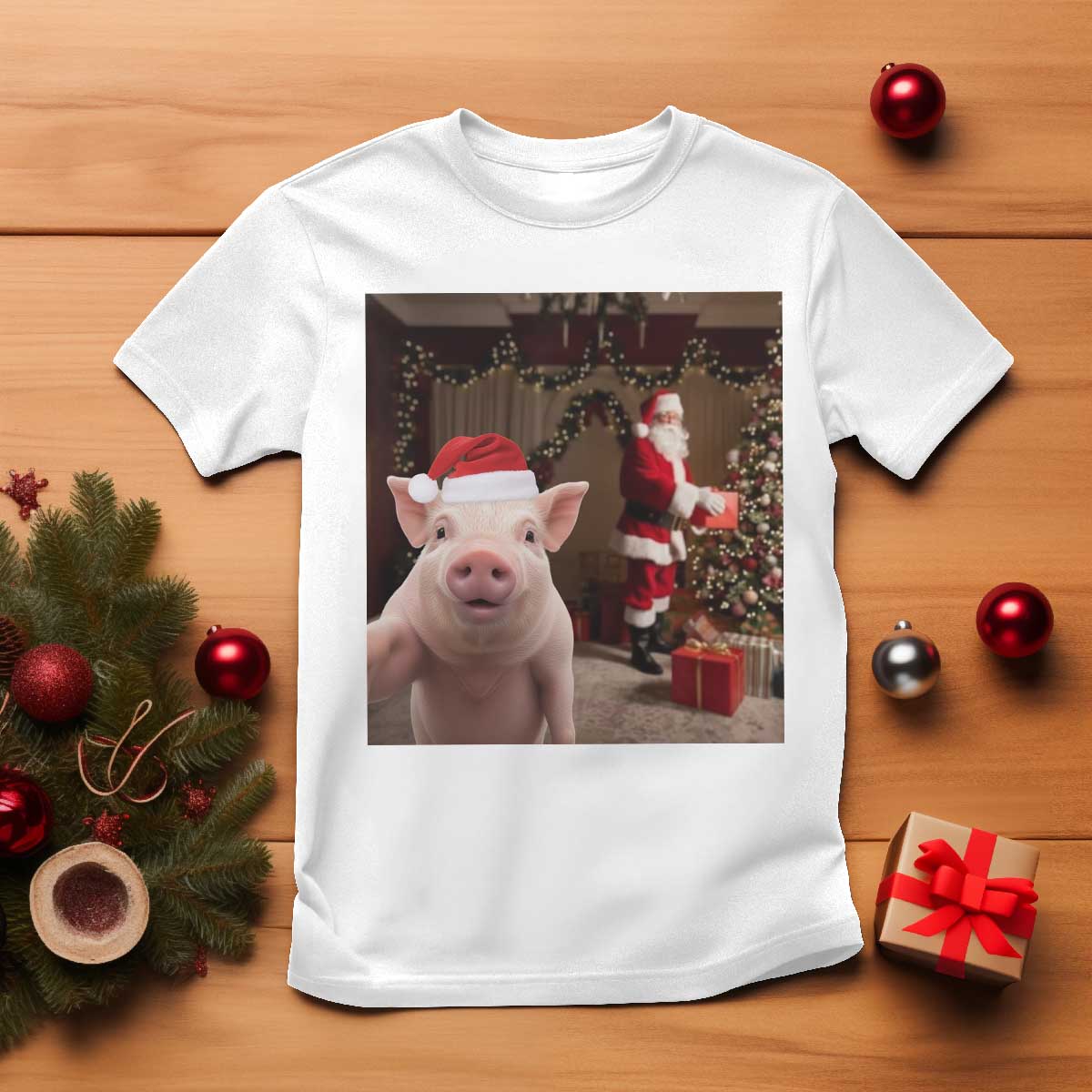 Funny Christmas Pig Selfie With Santa Gift T Shirt - Wonder Print Shop