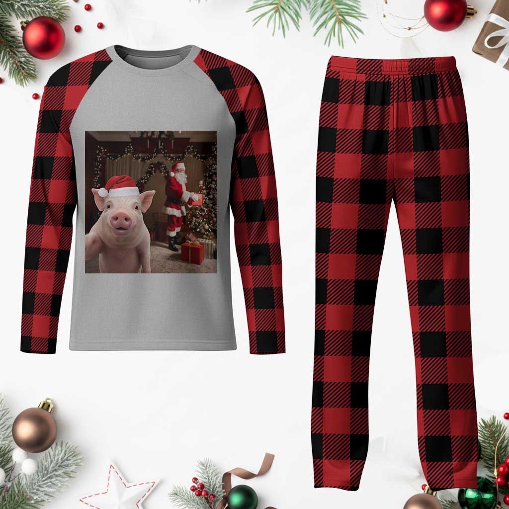 Funny Christmas Pig Selfie With Santa Gift Plaid Pajama Set - Wonder Print Shop