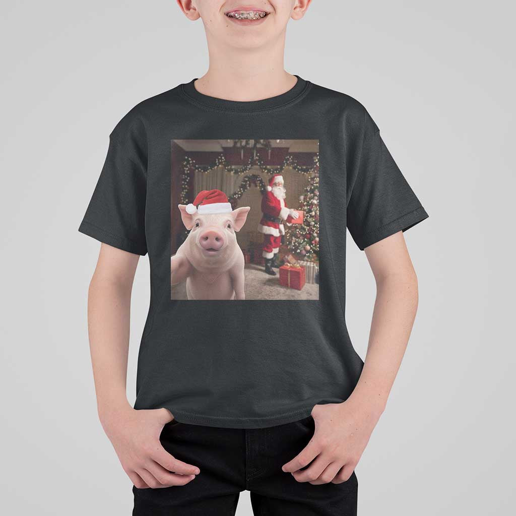 Funny Christmas Pig Selfie With Santa Gift T Shirt For Kid - Wonder Print Shop