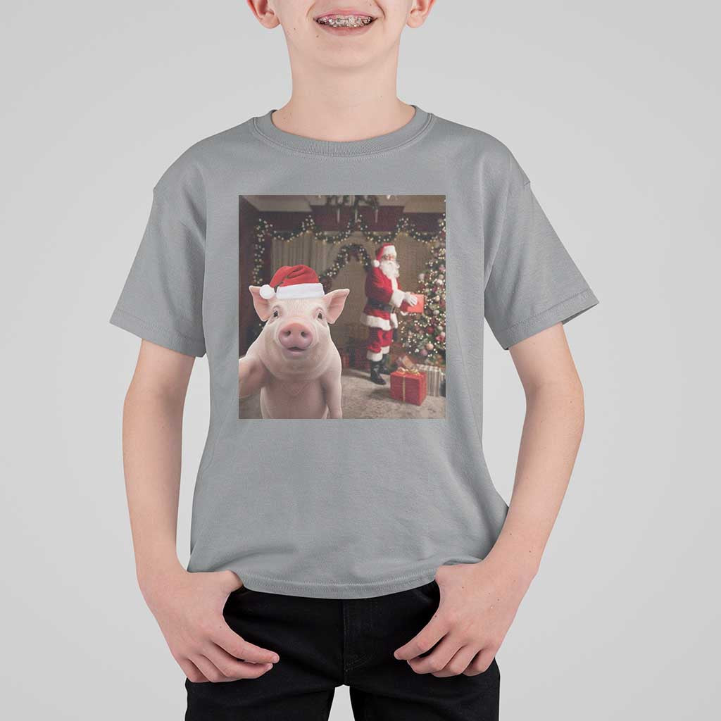 Funny Christmas Pig Selfie With Santa Gift T Shirt For Kid - Wonder Print Shop