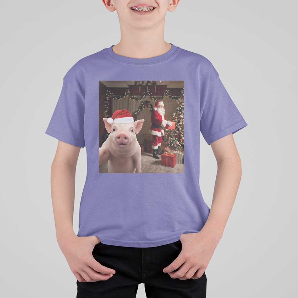 Funny Christmas Pig Selfie With Santa Gift T Shirt For Kid - Wonder Print Shop