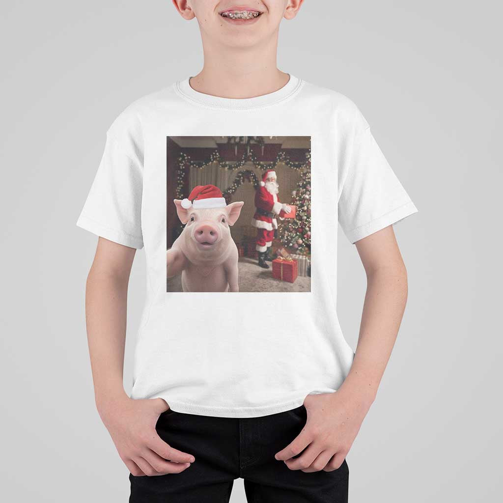 Funny Christmas Pig Selfie With Santa Gift T Shirt For Kid - Wonder Print Shop