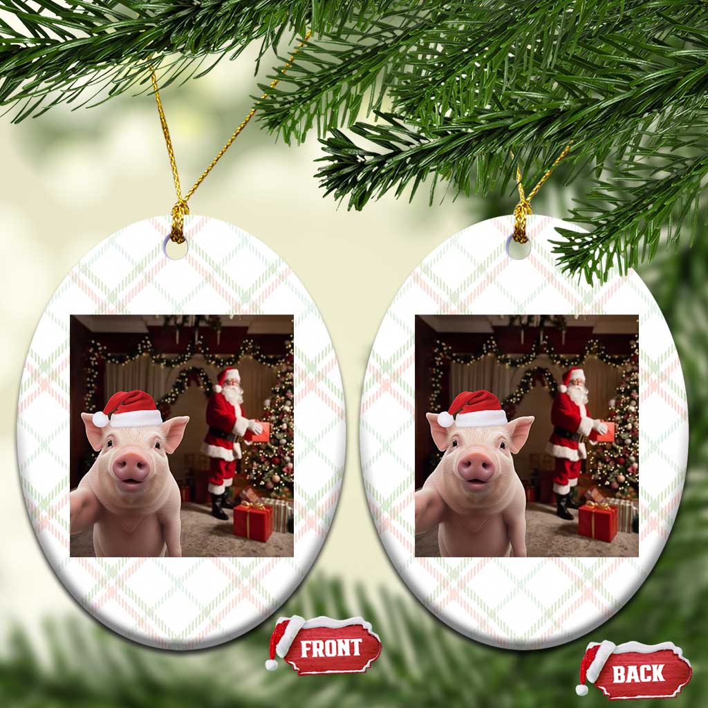 Funny Christmas Pig Selfie With Santa Gift Ceramic Ornament - Wonder Print Shop