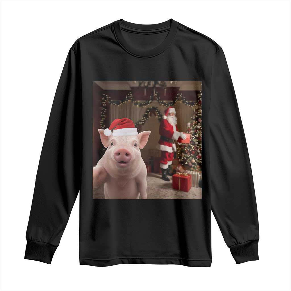 Funny Christmas Pig Selfie With Santa Gift Long Sleeve Shirt - Wonder Print Shop
