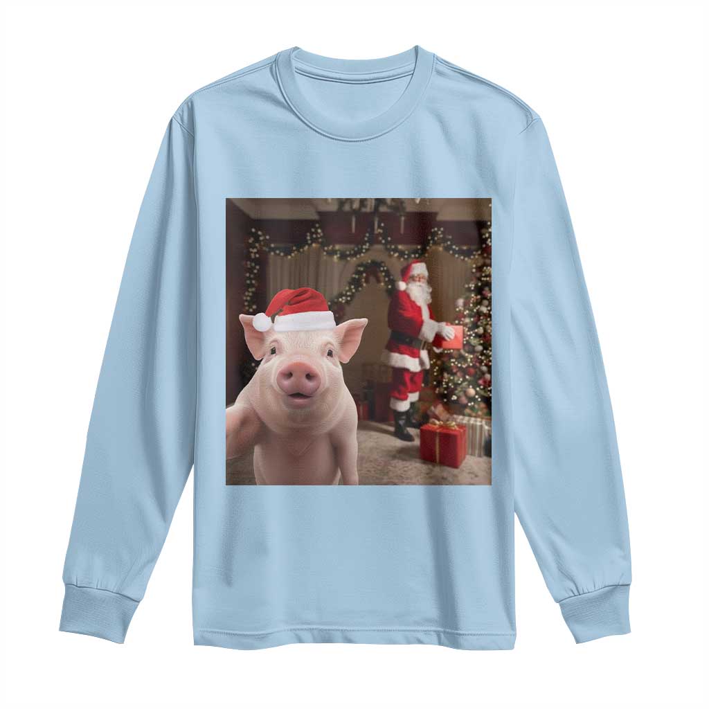 Funny Christmas Pig Selfie With Santa Gift Long Sleeve Shirt - Wonder Print Shop