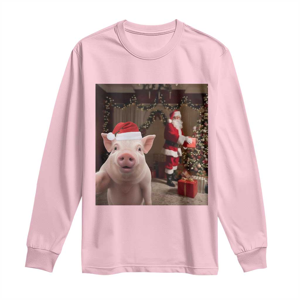 Funny Christmas Pig Selfie With Santa Gift Long Sleeve Shirt - Wonder Print Shop