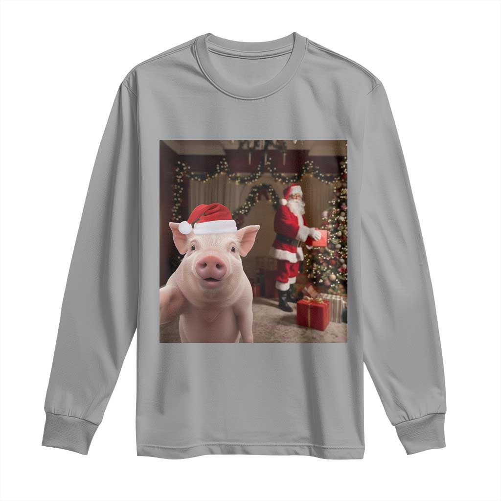 Funny Christmas Pig Selfie With Santa Gift Long Sleeve Shirt - Wonder Print Shop