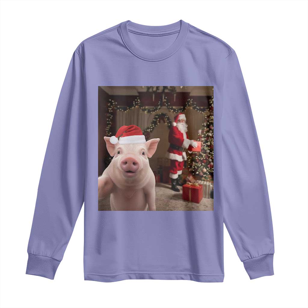 Funny Christmas Pig Selfie With Santa Gift Long Sleeve Shirt - Wonder Print Shop