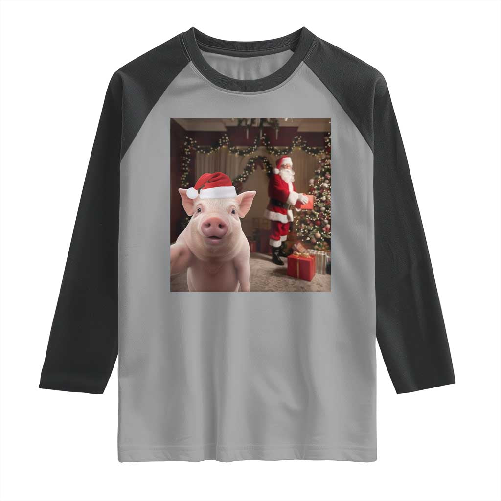 Funny Christmas Pig Selfie With Santa Gift Raglan Shirt - Wonder Print Shop