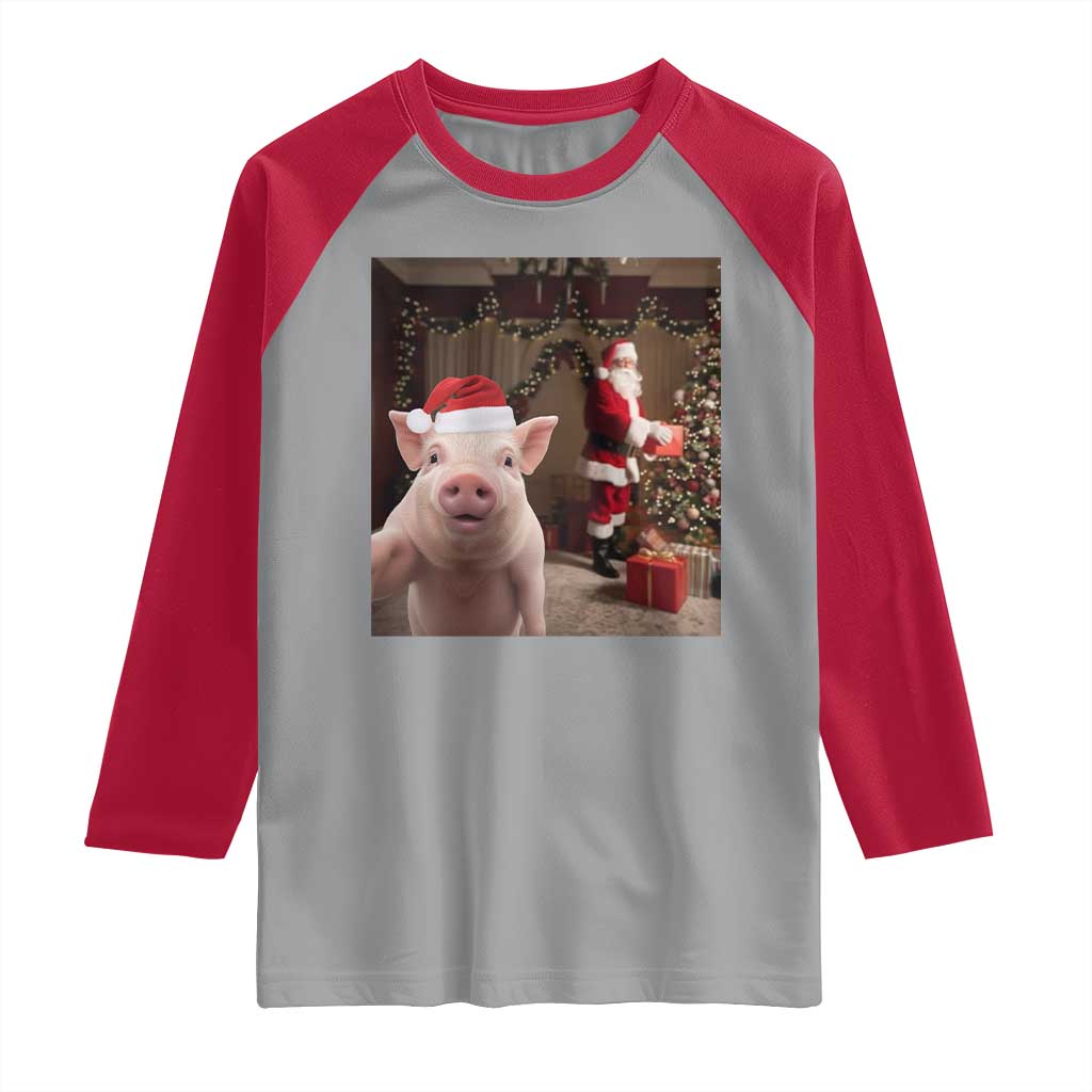 Funny Christmas Pig Selfie With Santa Gift Raglan Shirt - Wonder Print Shop