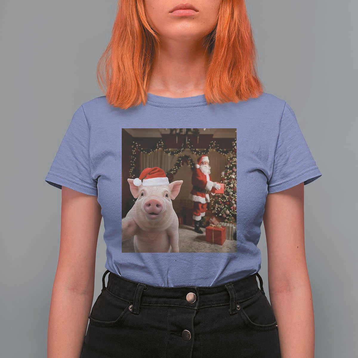 Funny Christmas Pig Selfie With Santa Gift T Shirt For Women - Wonder Print Shop