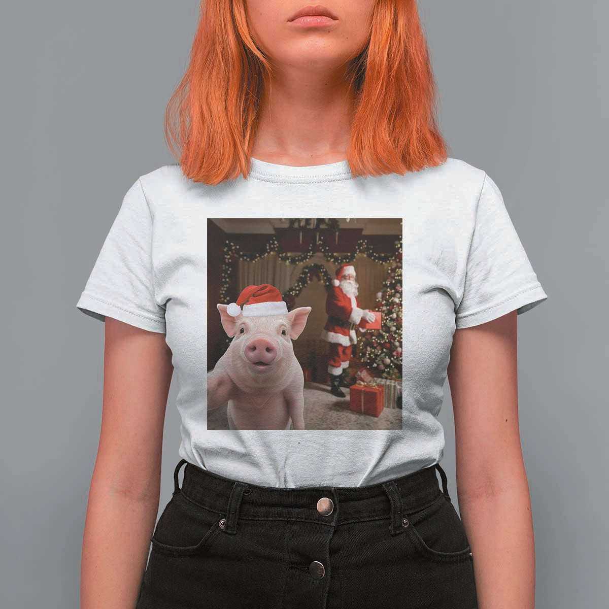 Funny Christmas Pig Selfie With Santa Gift T Shirt For Women - Wonder Print Shop