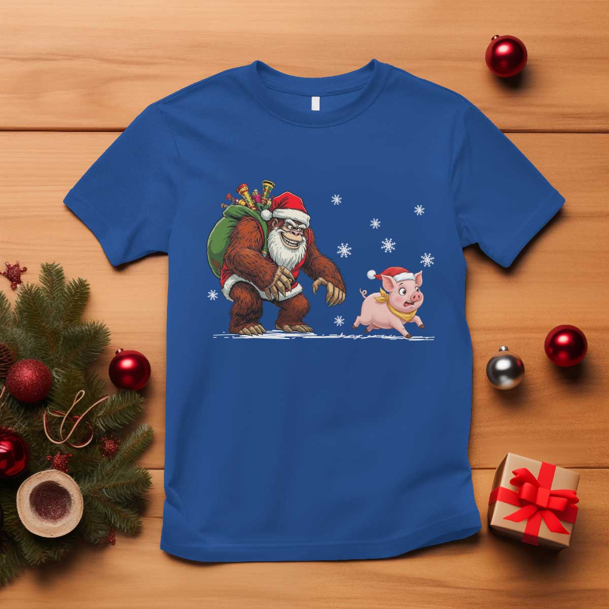 Christmas Cryptid Farm Life Gift T Shirt Funny Bigfoot Chasing Pig - Wonder Print Shop