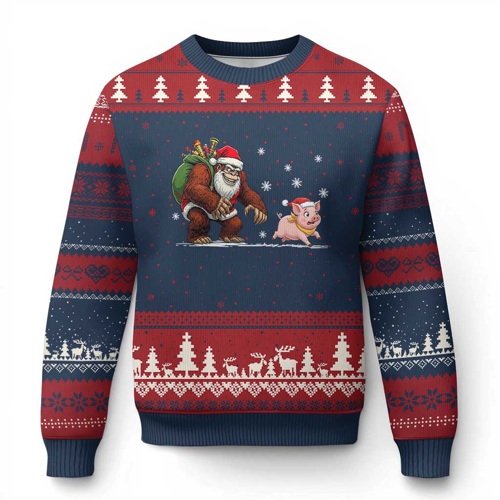 Christmas Cryptid Farm Life Gift Ugly Christmas Sweater Funny Bigfoot Chasing Pig - Wonder Print Shop