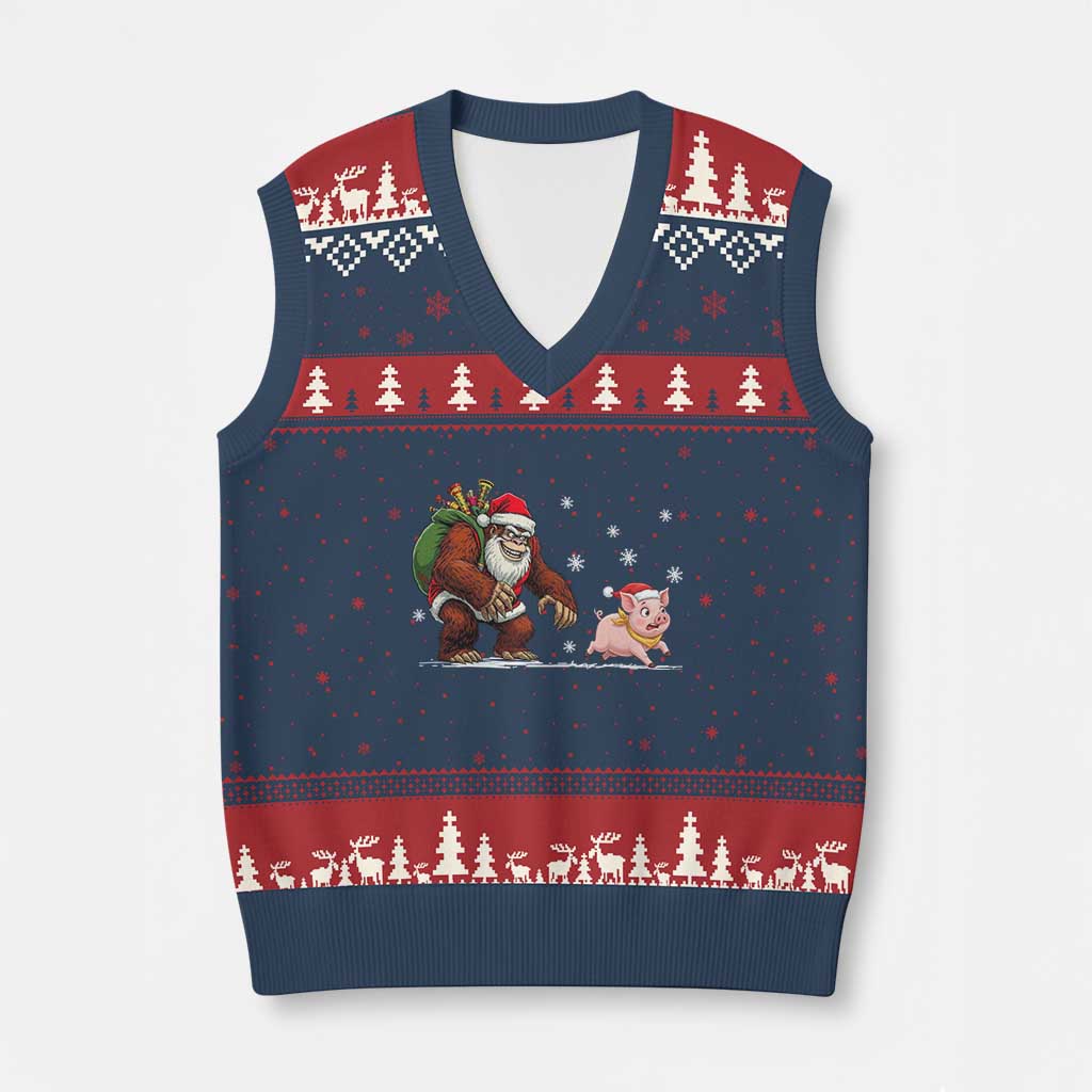 Christmas Cryptid Farm Life Gift V-Neck Knit Sweater Vest Funny Bigfoot Chasing Pig - Wonder Print Shop